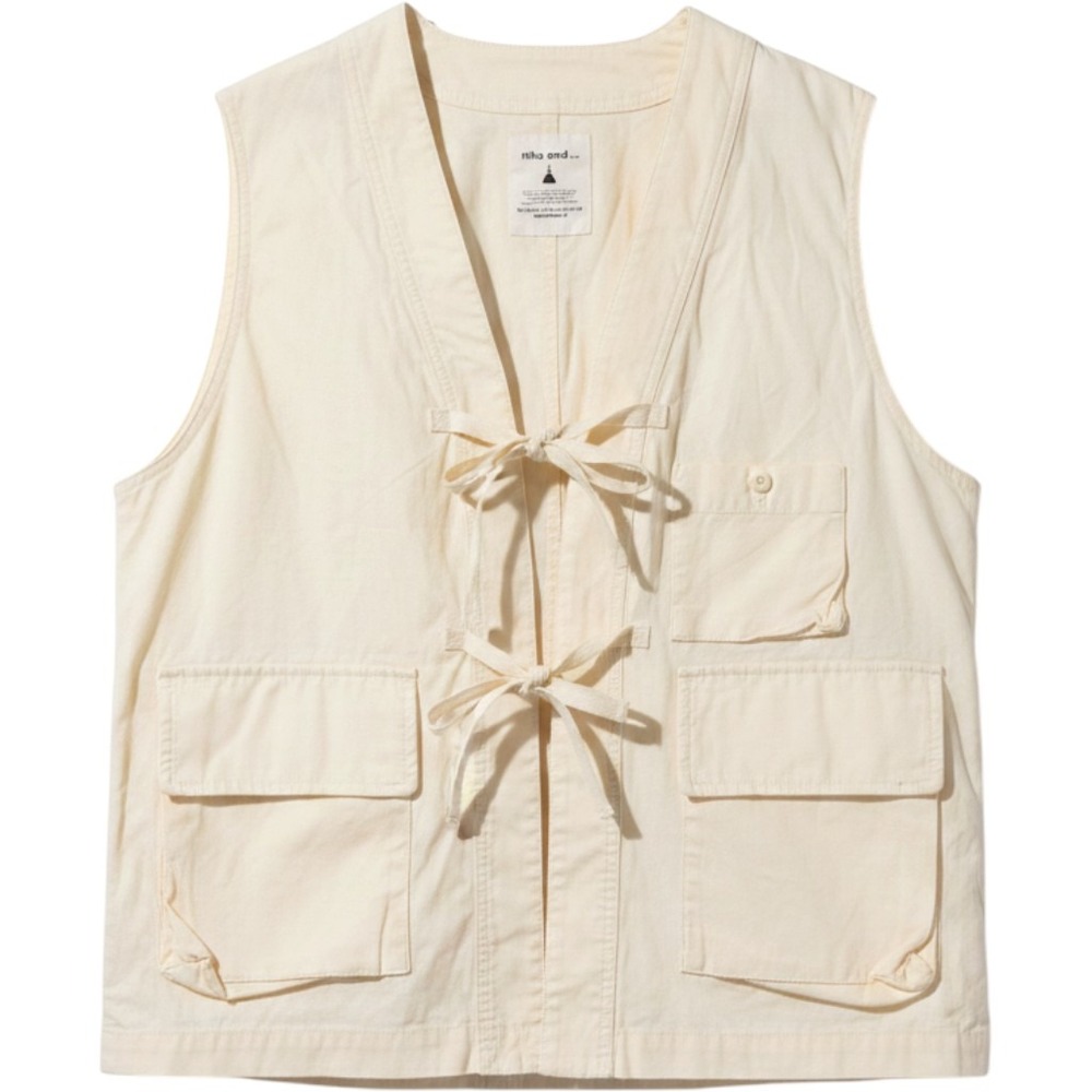 Niko and... Utility Vest Womens Free Size Cream Cotton Multi Pocket Tie Front